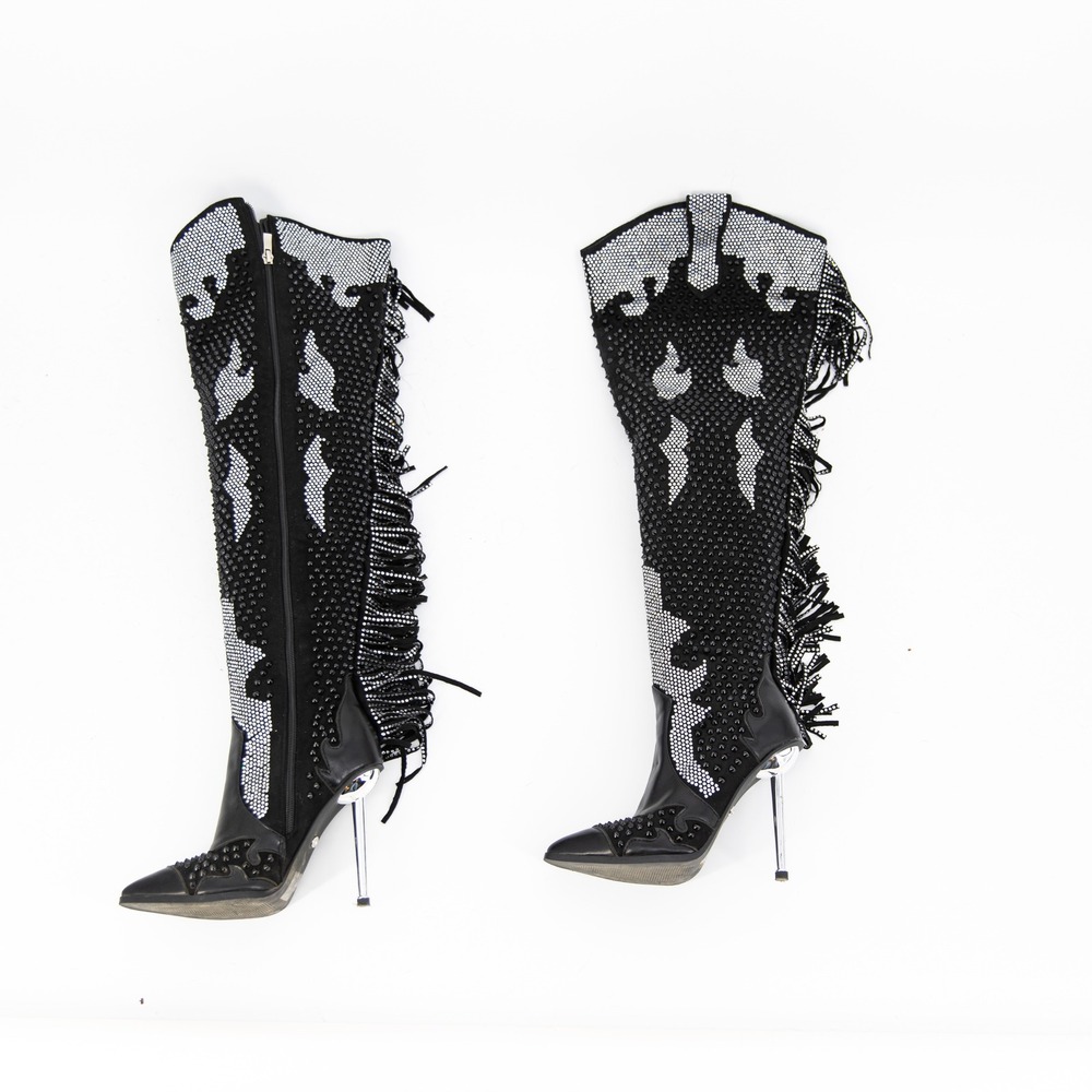 Azalea Wang Crewe Black Silver Crystal Embellished Fringe Western Boots Shoes 6